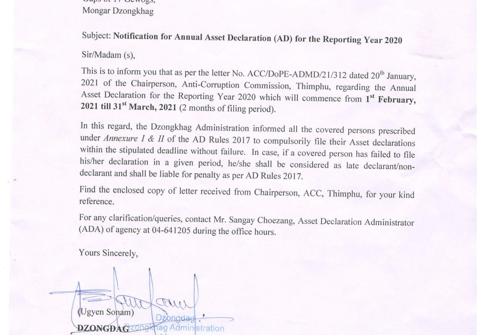 Notification for annual asset declaration (AD) for the reporting year 2020